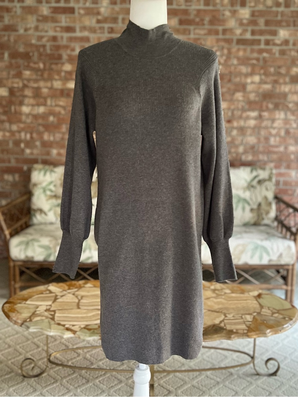 On 34th Sweater Dress Mock Neck Balloon Sleeves Grey Heathered S NWT Minimalist